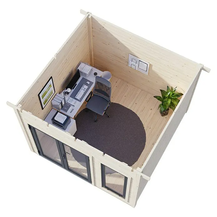 Palmako Gartenhaus Aurelia - Außenmaß inkl. Dachüberstand (B x T): 340 x 404 cm, Holz, Hellbraun - Innenansicht eines modernen Gartenbüros aus Holz mit Schreibtisch, Bürostuhl und Pflanze. Ideal für konzentriertes Arbeiten im Grünen.