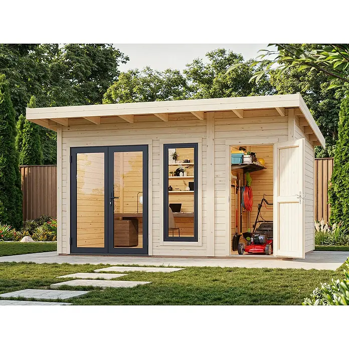 Palmako Gartenhaus Aurelia - Außenmaß inkl. Dachüberstand (B x T): 480 x 404 cm, Holz, Hellbraun, Inklusive Geräteraum - Holzgartenhaus mit Doppeltüren und Fenster, ideal als Büro oder Lagerraum im Garten.