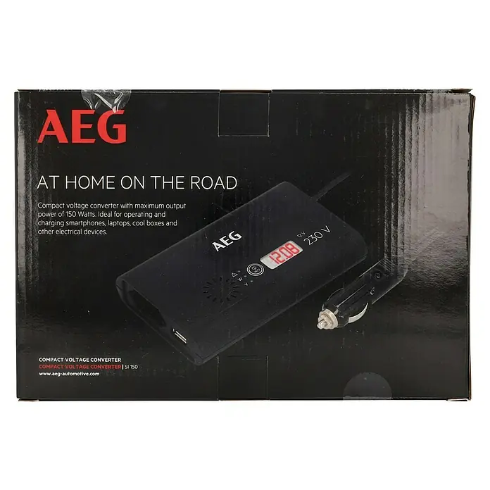 AEG Spannungswandler Si 150 - 230 V, 150 W - Bild einer AEG-Verpackung eines Spannungswandlers für den Einsatz im Auto mit 150W Leistung.