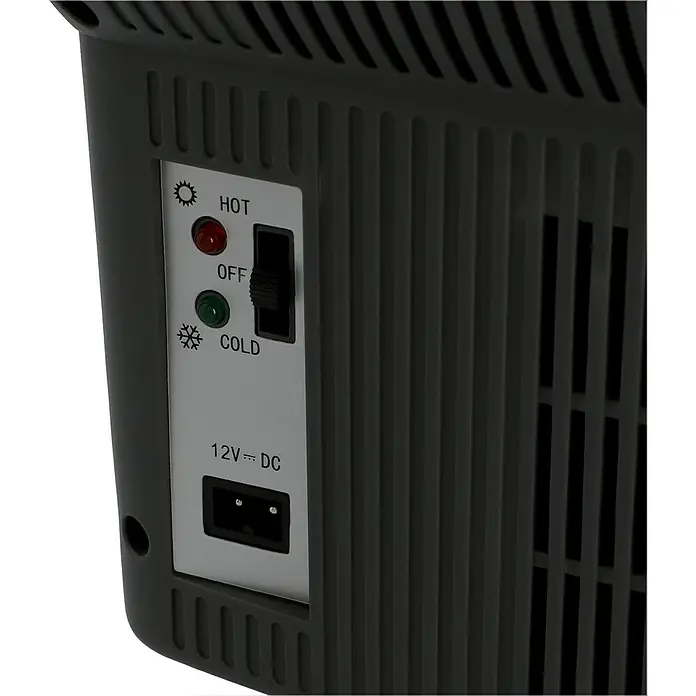 AEG Kühlbox BK16 - Fassungsvermögen: 16 l, 3 Getränkehalter, Schwarz - Nahaufnahme der Rückseite eines tragbaren Kühlschranks mit Temperaturregler und 12V DC-Anschluss.