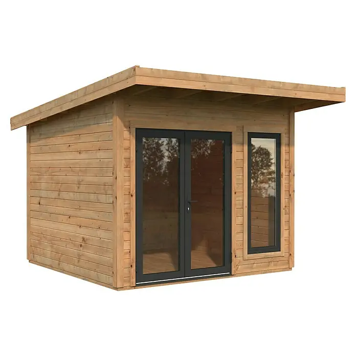 Palmako Gartenhaus Aurelia - Außenmaß inkl. Dachüberstand (B x T): 340 x 404 cm, Holz, Hellbraun - Ein modernes Holzgartenhaus mit Flachdach, grossen Fenstern und einer Doppeltür. Ideal für Gartenliebhaber, die einen stilvollen Arbeitsbereich suchen.