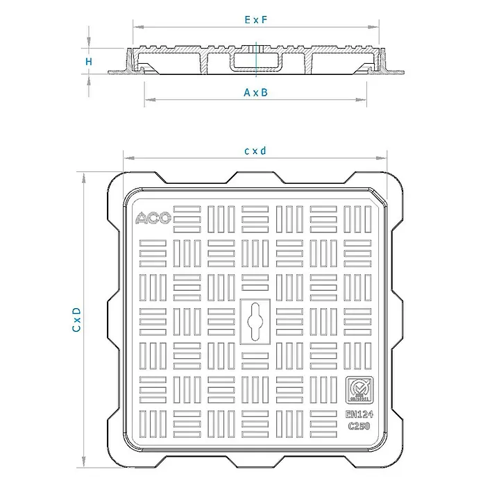 ACO Tapa de registro Guss Basic C250 - 400 x 400 mm - Dibujo detallado de una tapa de alcantarilla ACO con dimensiones. Construcción robusta para uso exterior.