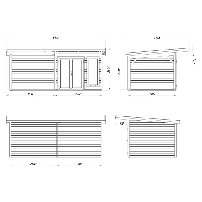 Palmako Gartenhaus Aurelia - Außenmaß inkl. Dachüberstand (B x T): 621 x 404 cm, Holz, Hellbraun, Inklusive überdachtem Freisitz - Draufsicht auf ein Holzgartenhaus mit detaillierten Maßangaben für Planung und Bau.