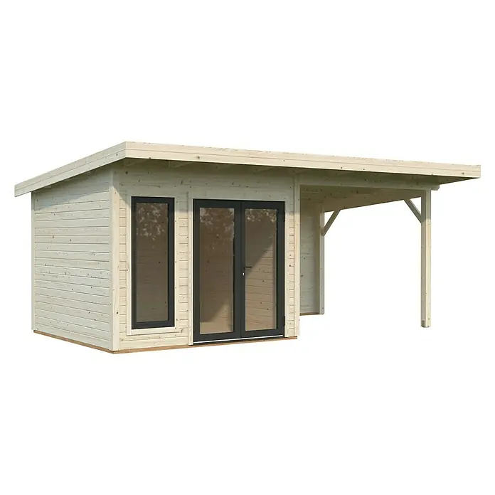 Palmako Gartenhaus Aurelia - Außenmaß inkl. Dachüberstand (B x T): 621 x 404 cm, Holz, Hellbraun, Inklusive überdachtem Freisitz - Ein modernes Gartenhaus mit großen Fenstern und einem überdachten Bereich, ideal für entspannte Stunden im Freien.