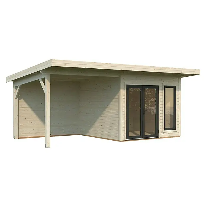 Palmako Gartenhaus Aurelia - Außenmaß inkl. Dachüberstand (B x T): 621 x 404 cm, Holz, Hellbraun, Inklusive überdachtem Freisitz - Ein Holzhaus mit einem überdachten Bereich und Fenstern/Türen. Das Haus hat ein schlichtes Design und ist aus hellem Holz gefertigt.