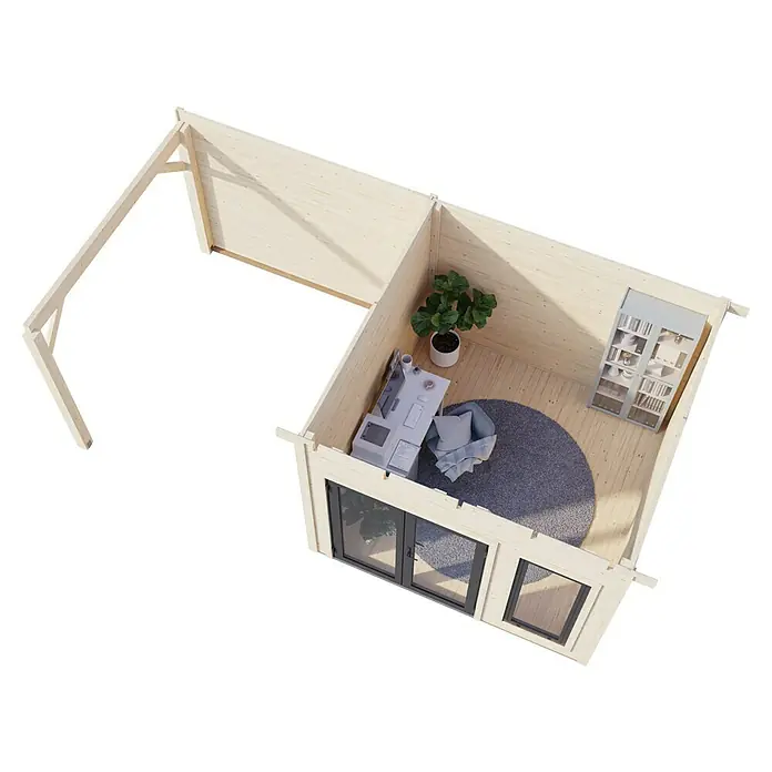 Palmako Gartenhaus Aurelia - Außenmaß inkl. Dachüberstand (B x T): 621 x 404 cm, Holz, Hellbraun, Inklusive überdachtem Freisitz - Blick in ein Gartenbüro mit viel Tageslicht, ausgestattet mit Schreibtisch, Stuhl, Pflanze, Bücherregal und einem runden Teppich.