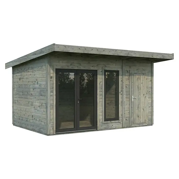 Palmako Gartenhaus Aurelia - Außenmaß inkl. Dachüberstand (B x T): 480 x 404 cm, Holz, Grau, Inklusive Geräteraum - Ein graues Holzgartenhaus mit Doppeltüren, einem Fenster und einer Seitentür. Ideal für Gartenlagerung oder als Arbeitsraum.