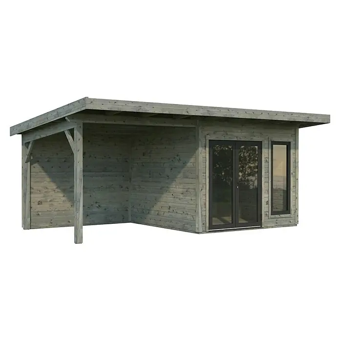 Palmako Gartenhaus Aurelia - Außenmaß inkl. Dachüberstand (B x T): 621 x 404 cm, Holz, Grau, Inklusive überdachtem Freisitz - Das Bild zeigt ein modernes Holzhaus mit Flachdach, das sowohl geschlossene als auch offene Bereiche bietet, ideal für den Garten.