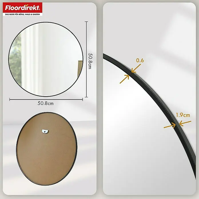 Floordirekt Wandspiegel Wandspiegel Bella - Rund 50 cm - Schwarz - 1,9 x 50 cm, Durchmesser: 50 cm