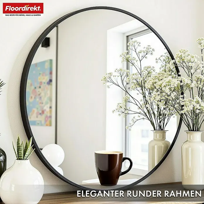 Floordirekt Wandspiegel Wandspiegel Bella - Rund 50 cm - Schwarz - 1,9 x 50 cm, Durchmesser: 50 cm