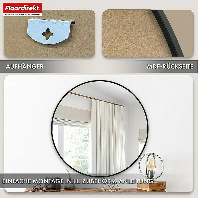 Floordirekt Wandspiegel Wandspiegel Bella - Rund 50 cm - Schwarz - 1,9 x 50 cm, Durchmesser: 50 cm