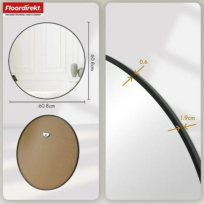 Floordirekt Wandspiegel Wandspiegel Bella - Rund 60 cm - Schwarz - Durchmesser: 60 cm