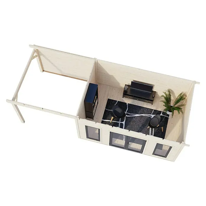 Palmako Gartenhaus Aurelia - Außenmaß inkl. Dachüberstand (B x T): 771 x 404 cm, Holz, Natur, Inklusive Überdachtem Freisitz - Ansicht eines Holzhauses mit Möbeln, Teppich, Fernseher und Pflanzen. Das Haus hat Fenster und Türen.