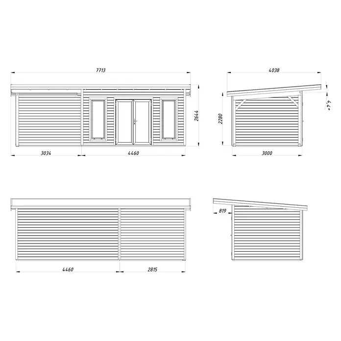 Palmako Gartenhaus Aurelia - Außenmaß inkl. Dachüberstand (B x T): 771 x 404 cm, Holz, Natur, Inklusive Überdachtem Freisitz - Die Abbildung zeigt eine technische Zeichnung eines Holzhauses mit Maßen und Ansichten von vorne, von der Seite und von oben.
