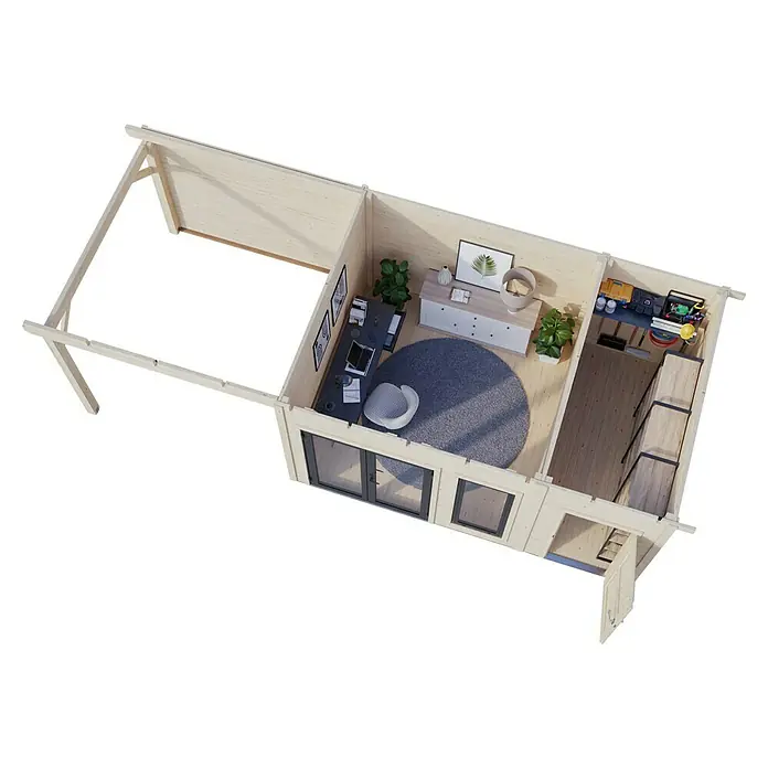 Palmako Gartenhaus Aurelia - Außenmaß inkl. Dachüberstand (B x T): 761 x 404 cm, Holz, Natur, Inklusive überdachtem Freisitz und separatem Abstellraum - Einblick in ein modernes Büro mit viel natürlichem Licht, stilvollen Möbeln und durchdachtem Design für maximale Produktivität.
