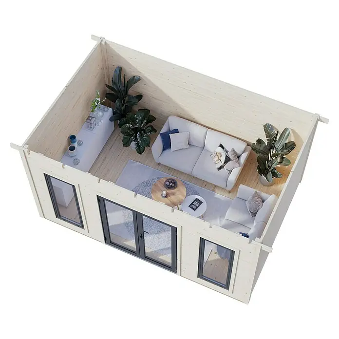 Palmako Gartenhaus Aurelia - Außenmaß inkl. Dachüberstand (B x T): 490 x 404 cm, Holz, Natur - Innenansicht eines modernen Holzhauses mit hellen Möbeln, großen Pflanzen und Fenstern, die viel Tageslicht hereinlassen.
