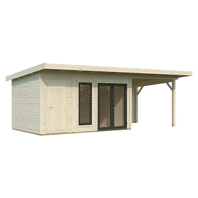 Palmako Gartenhaus Aurelia - Außenmaß inkl. Dachüberstand (B x T): 761 x 404 cm, Holz, Natur, Inklusive überdachtem Freisitz und separatem Abstellraum - Dieses Bild zeigt ein charmantes Holzgartenhaus mit Fenstern und einer überdachten Veranda, ideal für entspannte Stunden im Freien.