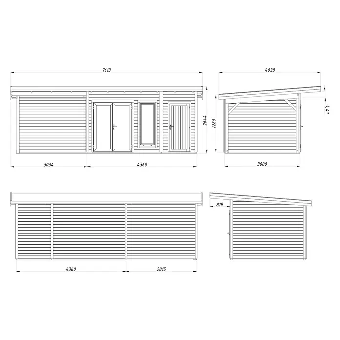 Palmako Gartenhaus Aurelia - Außenmaß inkl. Dachüberstand (B x T): 761 x 404 cm, Holz, Natur, Inklusive überdachtem Freisitz und separatem Abstellraum - Produktdiagramm eines Holzschuppens mit Maßen für Bauzwecke, einschließlich Seiten-, Front- und Draufsichten mit allen Details.
