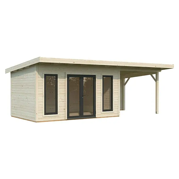 Palmako Gartenhaus Aurelia - Außenmaß inkl. Dachüberstand (B x T): 771 x 404 cm, Holz, Natur, Inklusive Überdachtem Freisitz - Abbildung eines Holzgartenhauses mit Fenstern und Doppeltüren, ideal für den Garten. Stilvolles Design mit überdachter Veranda für entspannte Stunden im Freien.