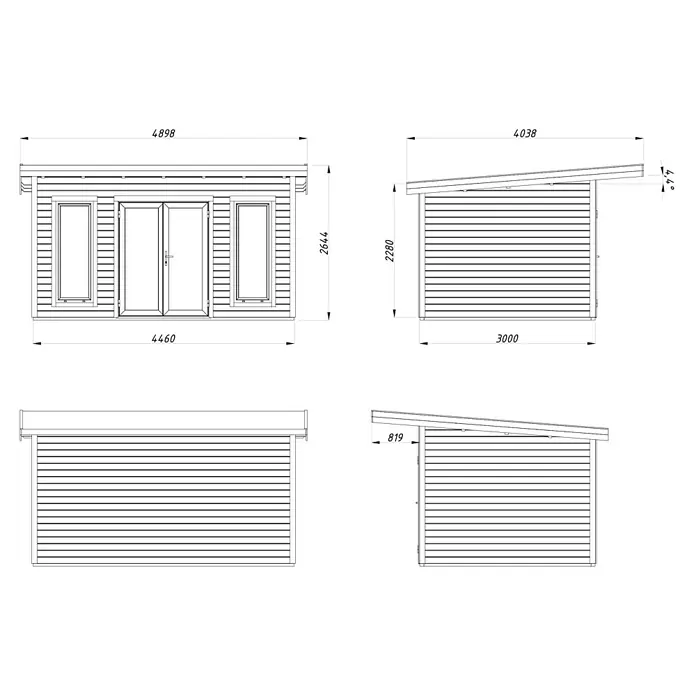 Palmako Gartenhaus Aurelia - Außenmaß inkl. Dachüberstand (B x T): 490 x 404 cm, Holz, Hellbraun - Ansichten eines Gartenhauses mit geneigtem Dach und Messungen der Außenmaße.
