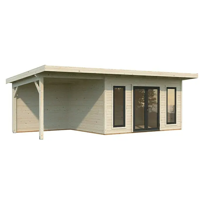 Palmako Gartenhaus Aurelia - Außenmaß inkl. Dachüberstand (B x T): 771 x 404 cm, Holz, Natur, Inklusive Überdachtem Freisitz - Ein modernes Gartenhaus mit überdachter Veranda, ideal für Entspannung im Freien und als stilvoller Stauraum.