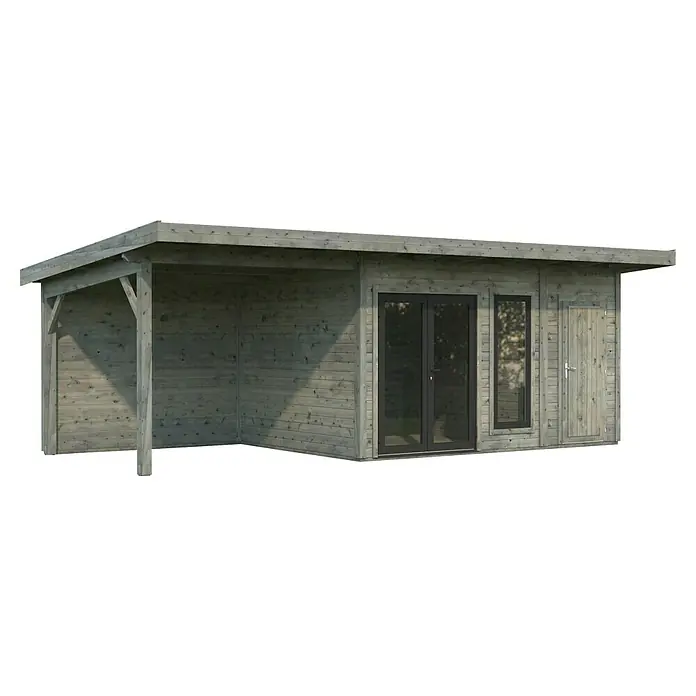 Palmako Gartenhaus Aurelia - Außenmaß inkl. Dachüberstand (B x T): 761 x 404 cm, Holz, Grau, Inklusive überdachtem Freisitz und separatem Abstellraum - Ansicht eines modernen Gartenhauses aus Holz mit Überdachung, ideal für Entspannung im Freien und zur Aufbewahrung von Gartengeräten.