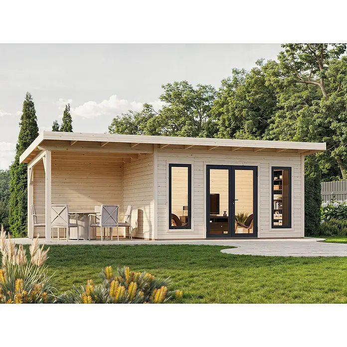 Palmako Gartenhaus Aurelia - Außenmaß inkl. Dachüberstand (B x T): 771 x 404 cm, Holz, Natur, Inklusive Überdachtem Freisitz - Abbildung eines modernen Holzgartenhauses mit Terrasse und Sitzgelegenheit. Das Gartenhaus bietet zusätzlichen Wohnraum im Freien.