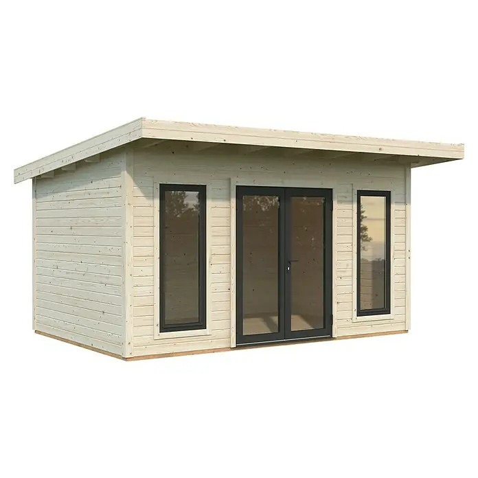 Palmako Gartenhaus Aurelia - Außenmaß inkl. Dachüberstand (B x T): 490 x 404 cm, Holz, Natur - Außenansicht eines modernen Holzgartenhauses mit großen Fenstern und Doppeltüren. Natürliches Design für den Garten.