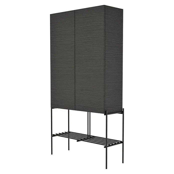 VitrA Equal Bad-Hochschrank - B x T x H: 73,5 x 27,5 x 141 cm, Schwarz-Eiche - Eleganter grauer Holzschrank auf schlanken Metallbeinen mit einem zusätzlichen Ablagefach. Ideal für moderne Wohnräume.