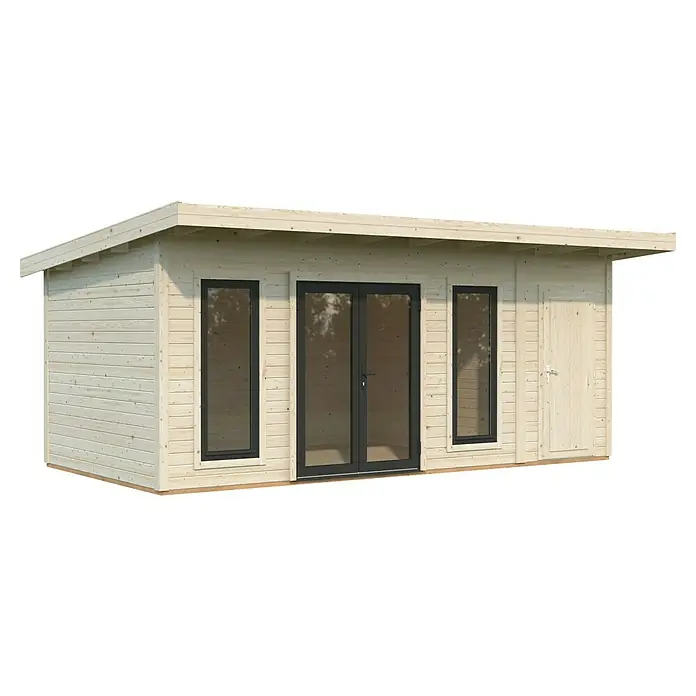 Palmako Gartenhaus Aurelia - Außenmaß inkl. Dachüberstand (B x T): 630 x 404 cm, Holz, Natur, Inklusive Geräteraum - Holzgartenhaus mit Flachdach, zwei Fenstern, Doppeltür und einer Seitentür. Das Haus ist hell und modern gestaltet.