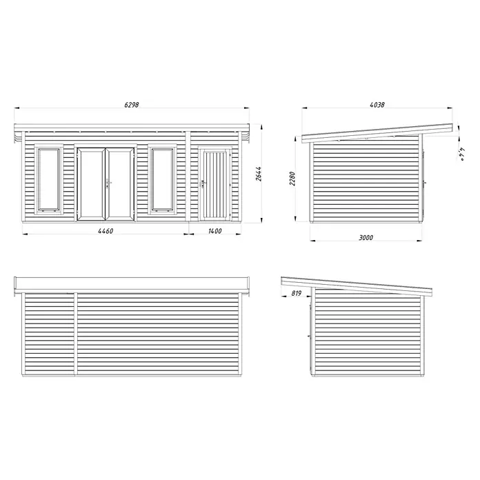 Palmako Gartenhaus Aurelia - Außenmaß inkl. Dachüberstand (B x T): 630 x 404 cm, Holz, Grau, Inklusive Geräteraum - Abbildung eines Gartenhauses mit Maßen. Die Zeichnung zeigt die Abmessungen für die Konstruktion dieses Holzhauses.