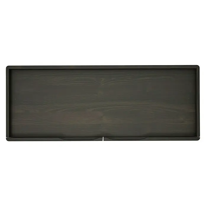 VitrA Equal Bad-Hochschrank - B x T x H: 73,5 x 27,5 x 141 cm, Ulme - Ansicht von oben auf ein rechteckiges, dunkles Holztablett mit einem erhöhten Rahmen, das eine rustikale und praktische Note bietet.