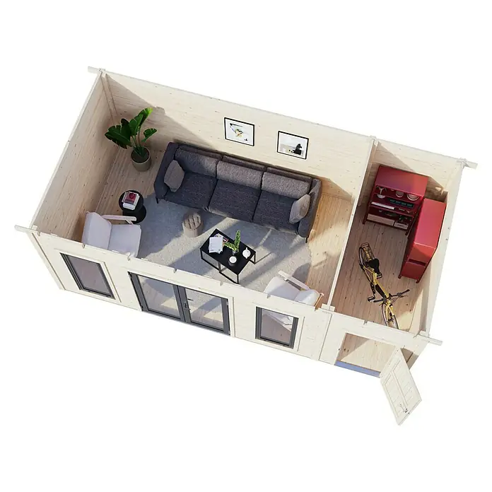 Palmako Gartenhaus Aurelia - Außenmaß inkl. Dachüberstand (B x T): 630 x 404 cm, Holz, Grau, Inklusive Geräteraum - Innenansicht eines Holzhauses mit Möbeln, darunter ein Sofa, ein Tisch, Stühle und ein Fahrrad. Das Design ist modern und gemütlich.