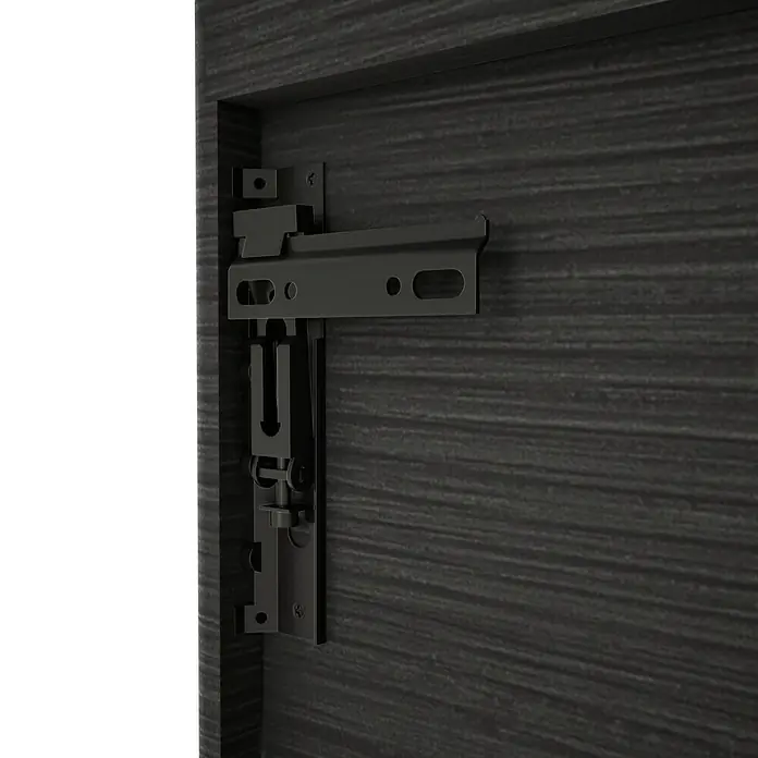 VitrA Equal Bad-Hochschrank - B x T x H: 73,5 x 27,5 x 141 cm, Schwarz-Eiche - Nahaufnahme einer schwarzen TV-Wandhalterung, die an einer dunklen Holzoberfläche montiert ist und Stabilität für die Bildschirmbefestigung bietet.