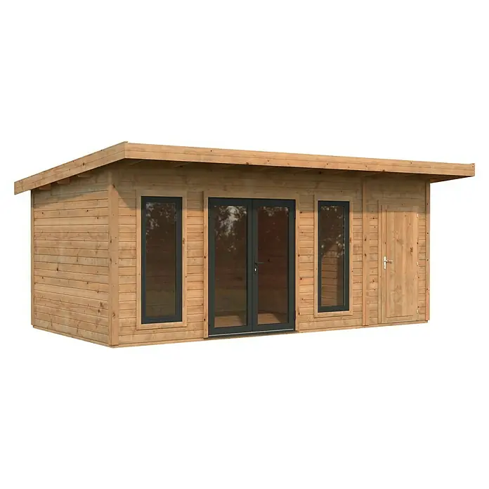 Palmako Gartenhaus Aurelia - Außenmaß inkl. Dachüberstand (B x T): 630 x 404 cm, Holz, Hellbraun, Inklusive Geräteraum - Dieses Bild zeigt ein modernes Gartenhaus aus Holz mit großen Fenstern und einer Tür. Das Haus ist hellbraun und hat ein Flachdach.