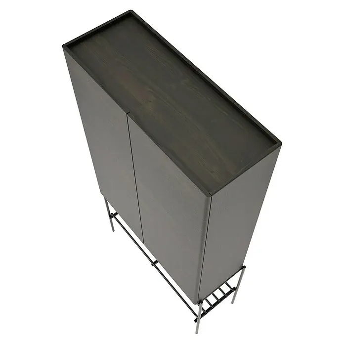 VitrA Equal Bad-Hochschrank - B x T x H: 73,5 x 27,5 x 141 cm, Ulme - Ansicht eines dunklen Holzschranks mit Metallbeinen, der ein stilvolles und modernes Design für die Aufbewahrungslösung zeigt.