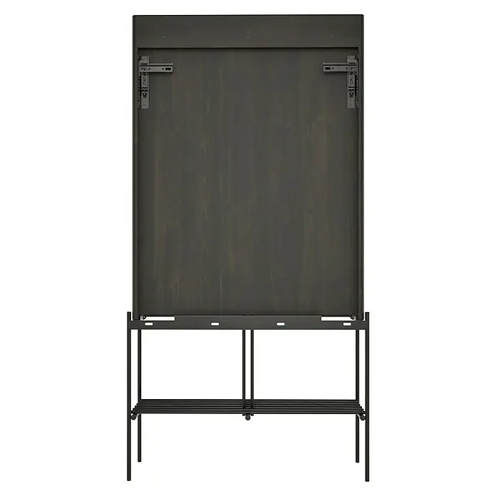 VitrA Equal Bad-Hochschrank - B x T x H: 73,5 x 27,5 x 141 cm, Ulme - Nahaufnahme eines Murphy-Bett-Schranks mit Holzplatte und darunter liegenden Regalen, ideal für kleine Räume.
