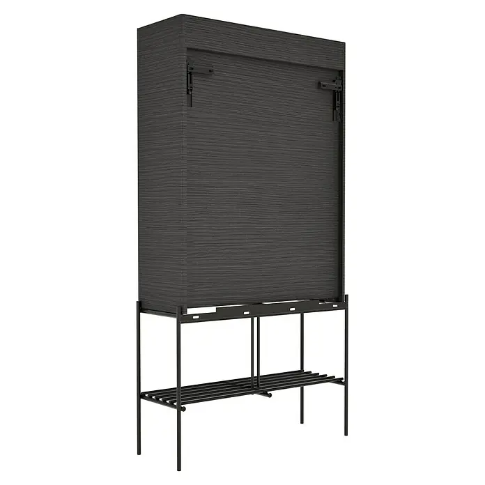 VitrA Equal Bad-Hochschrank - B x T x H: 73,5 x 27,5 x 141 cm, Schwarz-Eiche - Dunkelgrauer Holzschrank auf einem schwarzen Metallgestell mit Regalen. Das Möbelstück ist modern und stilvoll gestaltet.