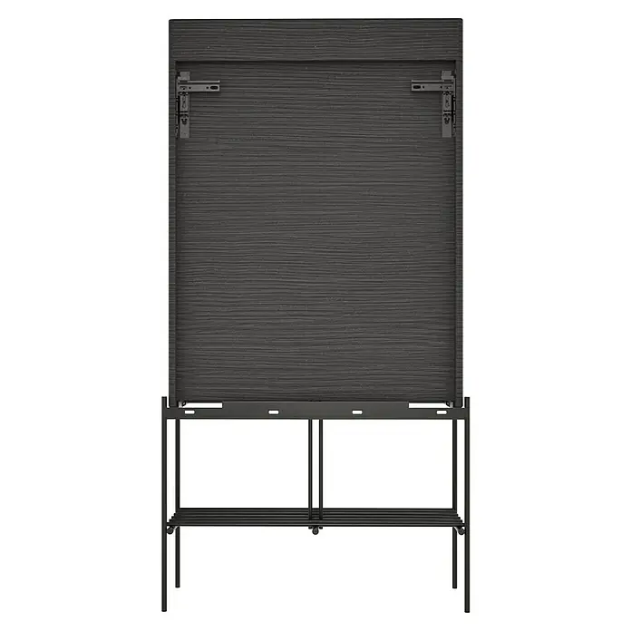 VitrA Equal Bad-Hochschrank - B x T x H: 73,5 x 27,5 x 141 cm, Schwarz-Eiche - Produktansicht eines vertikalen Murphy-Bettes mit Lattenrost und grauem Holz-Kopfstück, das Funktionalität und Stil vereint.