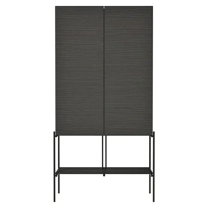 VitrA Equal Bad-Hochschrank - B x T x H: 73,5 x 27,5 x 141 cm, Schwarz-Eiche - Elegantes Sideboard mit grauen Holztüren und einem Gestell aus verchromtem Stahl, ideal für moderne Wohnräume.