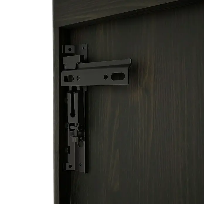 VitrA Equal Bad-Hochschrank - B x T x H: 73,5 x 27,5 x 141 cm, Ulme - Nahaufnahme des schwarzen Möbelbeschlags, der an einer dunklen Holzoberfläche befestigt ist.