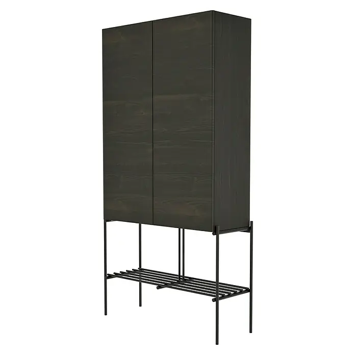 VitrA Equal Bad-Hochschrank - B x T x H: 73,5 x 27,5 x 141 cm, Ulme - Schwarzer Holzschrank auf einem Metallgestell mit einer Ablage. Ein modernes Möbelstück für die Aufbewahrung im Haus.