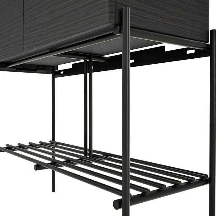 VitrA Equal Bad-Hochschrank - B x T x H: 73,5 x 27,5 x 141 cm, Schwarz-Eiche - Nahaufnahme des schlanken, modernen Sideboards mit Ablage für minimalistische Wohnräume.