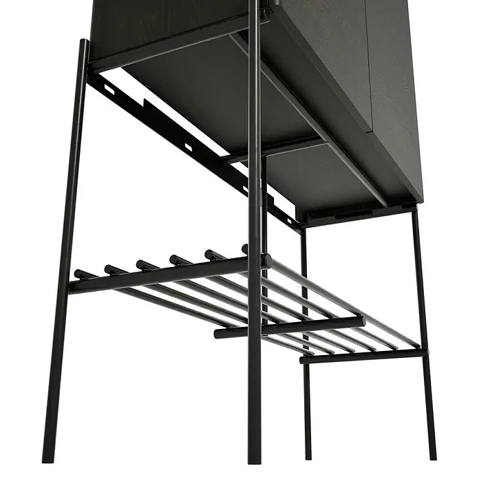 VitrA Equal Bad-Hochschrank - B x T x H: 73,5 x 27,5 x 141 cm, Ulme - Eine elegante schwarze Hausbar mit mehreren Ablageflächen und einem integrierten Flaschenregal, perfekt für stilvolle Getränkeaufbewahrung.