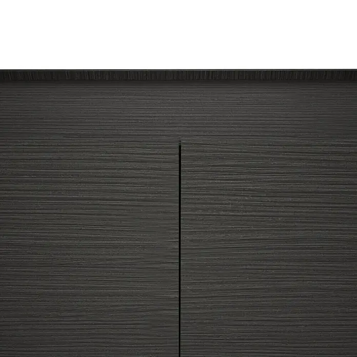 VitrA Equal Bad-Hochschrank - B x T x H: 73,5 x 27,5 x 141 cm, Schwarz-Eiche - Detailaufnahme eines modernen, grauen Holzschranks mit horizontaler Maserung und minimalistischem Design.