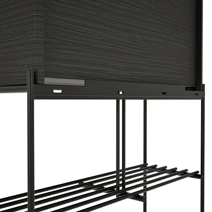 VitrA Equal Bad-Hochschrank - B x T x H: 73,5 x 27,5 x 141 cm, Schwarz-Eiche - Detailaufnahme eines modernen Sideboards mit dunkler Holzoberfläche und filigranem Metallgestell. Minimalistisches Design für stilvolle Wohnräume.