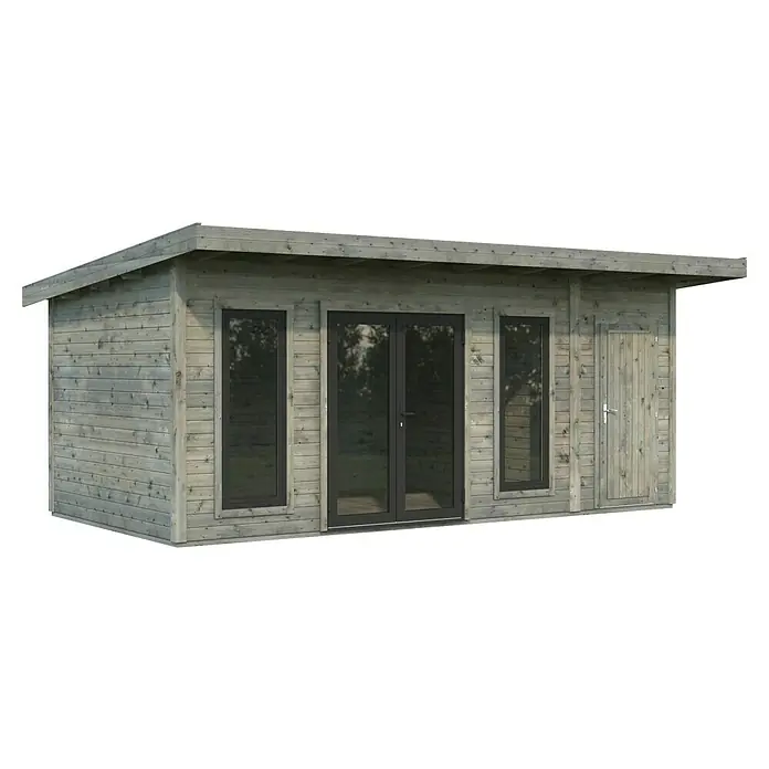 Palmako Gartenhaus Aurelia - Außenmaß inkl. Dachüberstand (B x T): 630 x 404 cm, Holz, Grau, Inklusive Geräteraum - Das graue Gartenhaus mit Fenster und Doppeltür bietet einen idealen Rückzugsort. Stilvoll und praktisch für den Garten.