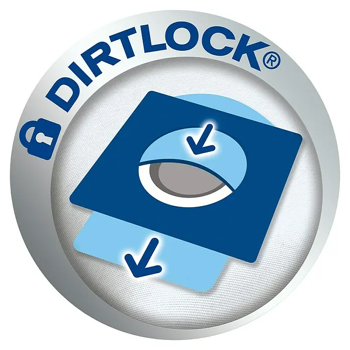 Swirl Staubsaugerbeutel A 07 EcoPor - 4 Stk., Passend für: AEG Staubsauger - Abbildung des Dirtlock-Logos, das die Fähigkeit des Produkts hervorhebt, Schmutz sicher einzuschließen und zu verhindern, dass er austritt.