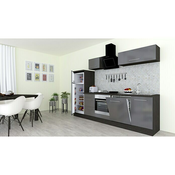 Respekta Premium Composición de cocina (Ancho: 280 cm, Con dispositivos eléctricos, Gris de alto brillo)