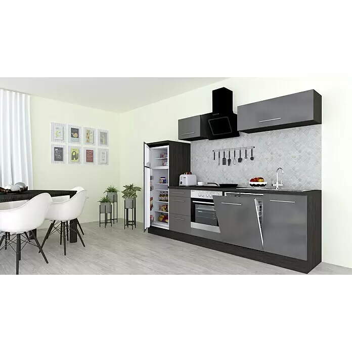 Respekta Premium Composición de cocina Amanda Alto - Ancho: 280 cm, Roble/Gris, Con electrodomésticos - Cocina moderna con gabinetes gris oscuro, electrodomésticos integrados y zona de comedor, mostrando un espacio vital compacto.